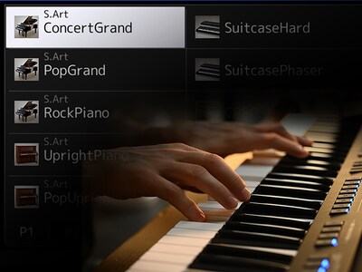 Collage of a screen capture of the Yamaha Arranger Workstation PSR-SX920/720 Voice list and a photo of a person's hand playing a keyboard