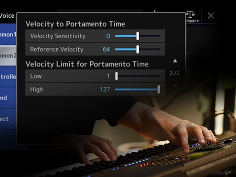 A collage of photos of the screen operating the Crossfade Portamento on the Yamaha Arranger Workstation PSR-SX720 and of a person's hand operating the keyboard