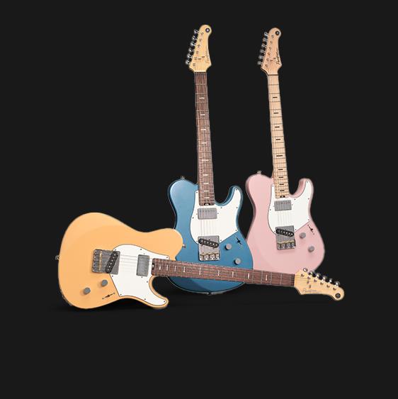 Three Pacifica single cut guitars, in Sunny Orange, Breeze Metallic Blue, and  Ash Pink, featureing Reflectone pickups, S-H pickup configuration.