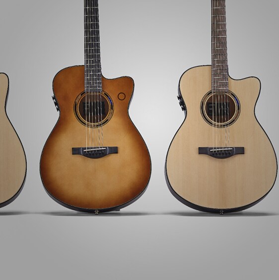 Two Transacoustic guitar models, TAS3 and SDB, standing upright.