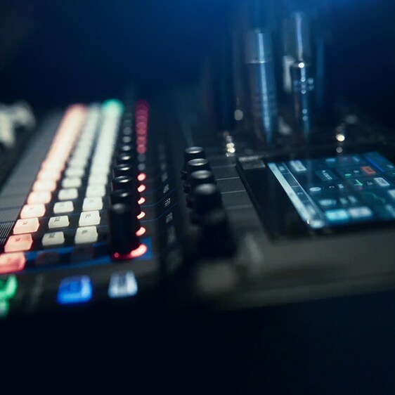 A zoomed in MGX control panel, in dim studio lighting.