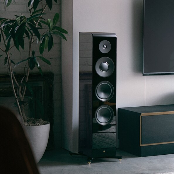 An NS-2000A speaker on a speaker stand