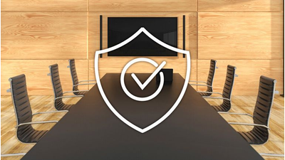 Illustration of a secure meeting room with a security icon, representing Enterprise Security and Smart Management