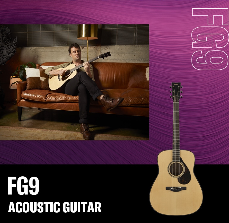 FG9 acoustic guitar. Jordan Tice sitting on a couch playing FG9. Also front-facing whole guitar.