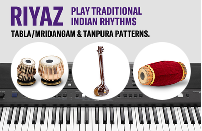 Images of the Tabla, Mridangam, and Tanpura overlaying the PSR-I610