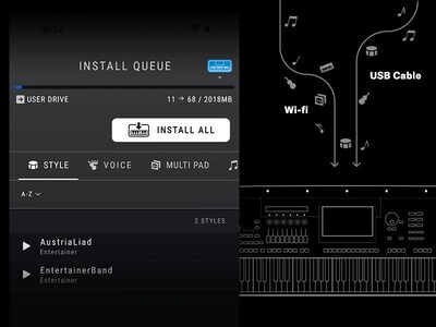 Install Queue screen and a diagram showing how Style is installed on the instrument via Wi-fi or USB cable.