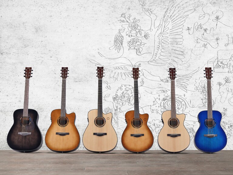 Full lineup of the TransAcoustic guitar second-generation shown together in a lineup.