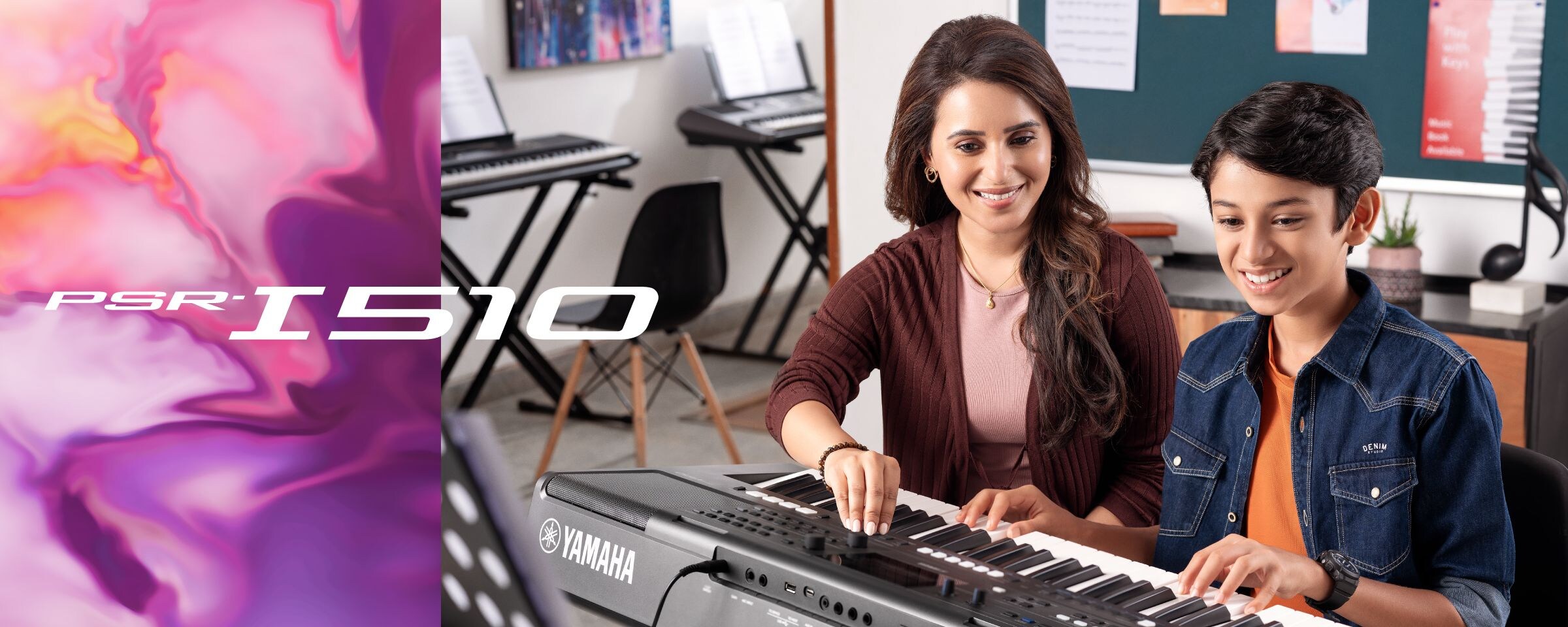 An instructor teaching the keyboard in a music class, and students performing on the PSR-I510