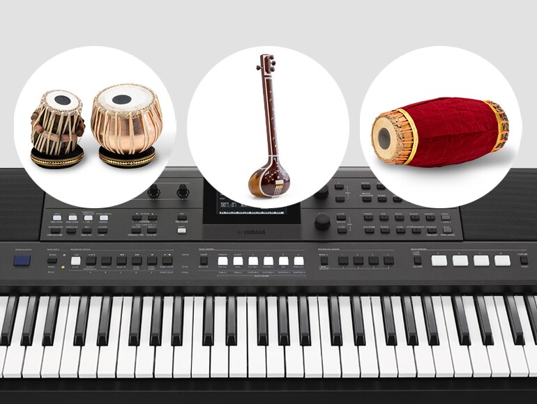 Images of the Tabla, Mridangam, and Tanpura overlaying the PSR-I610