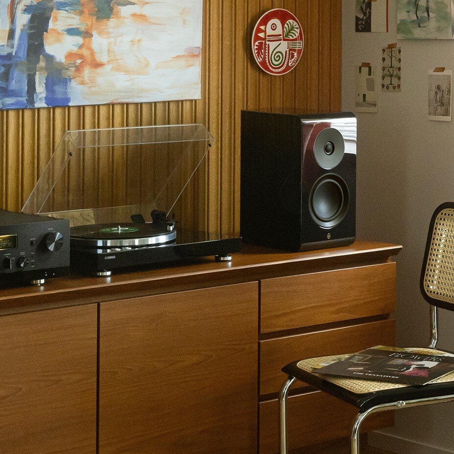 NS-600A speakers connected to a HiFi system on a wooden bookshelf.