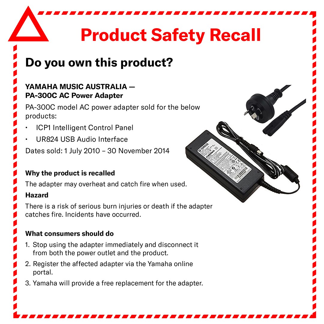 Product Safety Recall - PA-300C AC Power Adaptor - Yamaha - Australia