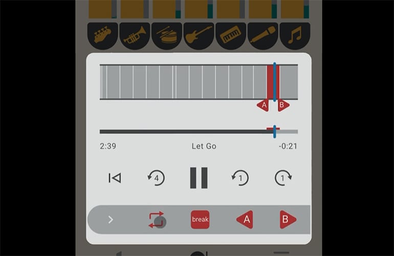 Practice features tailored to skill level, such as changing playback speed and repeat setting.