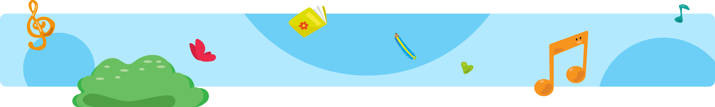 Skyblue image banner with cartoon musical notes, tress and a butterfly, and note books and pencils