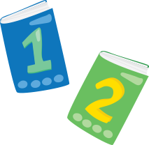 Two cartoon school work books, with a 1 and 2 on the covers respectivly