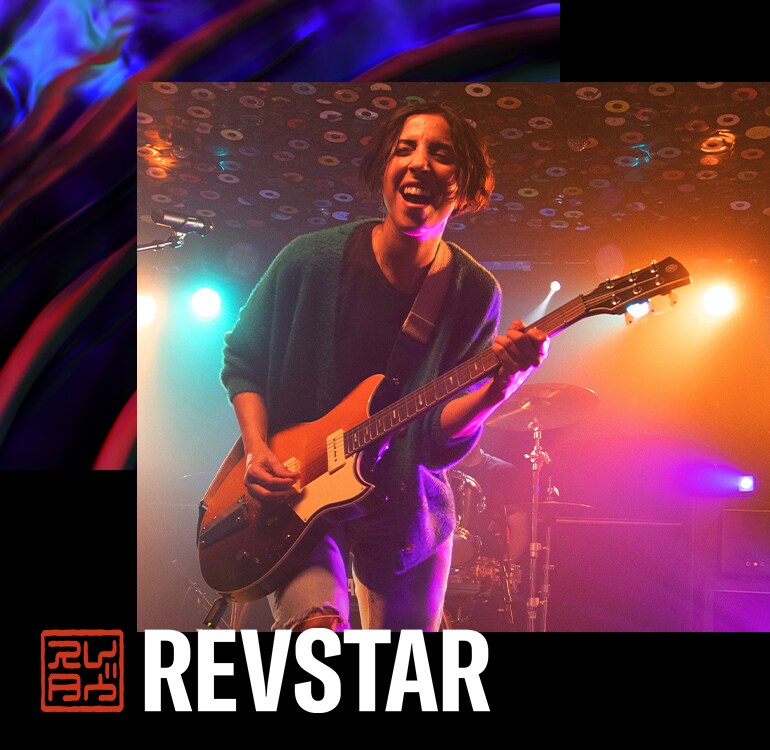 Two musicians performing with Revstar series electric guitars on a live stage