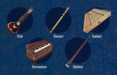 Indian instruments (Sitar, Bansuri, Santoor, Harmonium, Shenai)